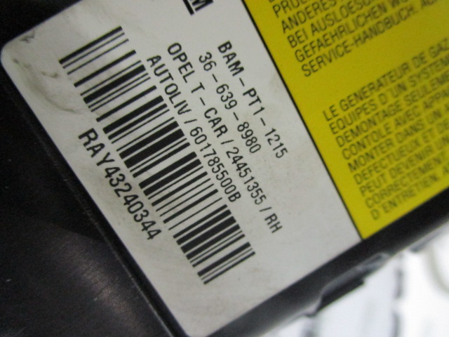 AIRBAG DE CABEZA, LADO DERECHO OEM N. 366398980 PIEZAS DE COCHES USADOS OPEL ASTRA H L48,L08,L35,L67 5P/3P/SW (2004 - 2007) DIESEL DESPLAZAMIENTO 17 ANOS 2005