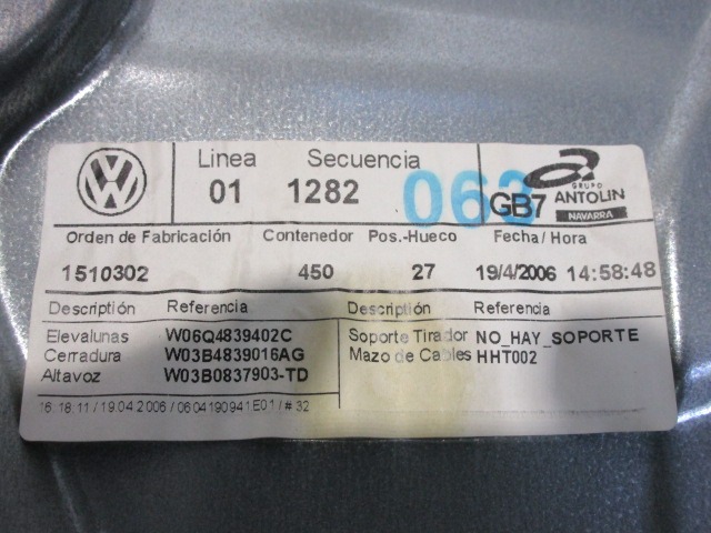 MECANISMO DE LA VENTANA DE LA PUERTA TRASERA. OEM N. 6Q4839402C PIEZAS DE COCHES USADOS VOLKSWAGEN POLO (2005 - 10/2009) DIESEL DESPLAZAMIENTO 14 ANOS 2006