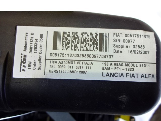 KIT AIRBAG COMPLETA OEM N. 22546 KIT AIRBAG COMPLETO PIEZAS DE COCHES USADOS FIAT BRAVO 198 (02/2007 - 01/2011) BENZINA DESPLAZAMIENTO 14 ANOS 2007