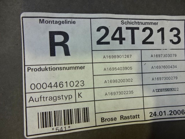 SISTEMA DE ELEVACI?N MANUAL DE LA VENTANA TRASERA OEM N. A1697300279 PIEZAS DE COCHES USADOS MERCEDES CLASSE A W169 5P C169 3P (2004 - 04/2008) DIESEL DESPLAZAMIENTO 20 ANOS 2006