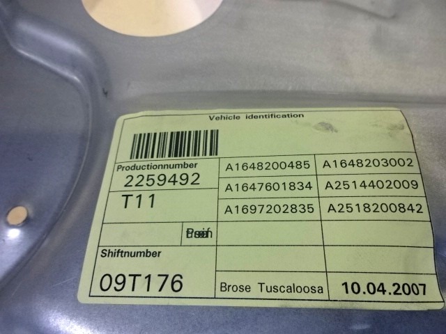 MECANISMO DE PARABRISAS DE PUERTA DELANTERA OEM N. A1647201279 PIEZAS DE COCHES USADOS MERCEDES CLASSE ML W164 (2005-2008)DIESEL DESPLAZAMIENTO 30 ANOS 2007