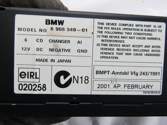 CAMBIADOR CD OEM N. 6908949 PIEZAS DE COCHES USADOS BMW SERIE X5 E53 (1999 - 2003)BENZINA DESPLAZAMIENTO 30 ANOS 2001