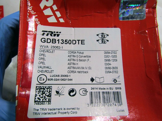 KIT DE LA PASTILLAS DE FRENO OEM N. 1605957 PIEZAS DE COCHES USADOS OPEL ASTRA G 5P/3P/SW (1998 - 2003) DIESEL DESPLAZAMIENTO 20 ANOS 1997