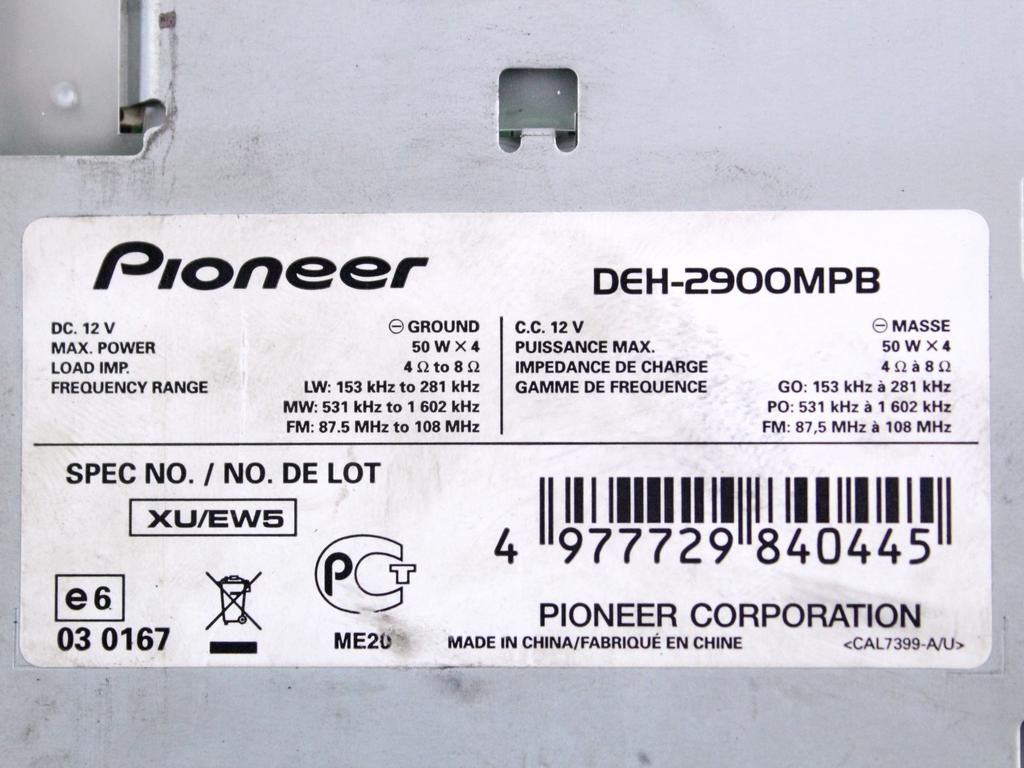 DEH-2900MPB AUTORADIO AFTERMARKET PIONEER OPEL AGILA A 1.0 B 44KW 5M 5P (2006) RICAMBIO USATO (NON FORNIAMO CODICE AUTORADIO, MA SOLO NUMERO DI TELAIO VEICOLO)
